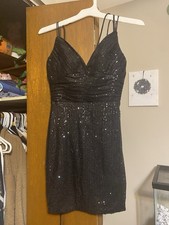 Black Sequin Mini Dress V-Neck Spaghetti Strap Sleeveless Party Clubwear