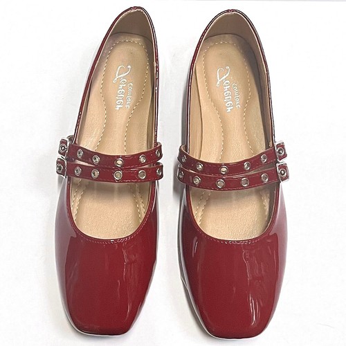 New Womens Red Wine Mary Jane Square Toe Double Straps Ballet Flats 6 to 10 - Picture 3 of 6