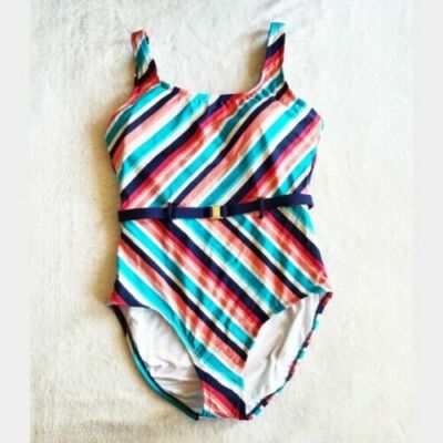 NWT Jantzen Diagonal Stripe Belted One Piece Swimsuit size 12 NEW $78 Rainbow