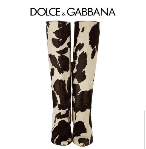 Dolce & Gabbana Calf Hair Leather High Heel Cow Print Knee High Boots Shoes 37.5 - Picture 7 of 9