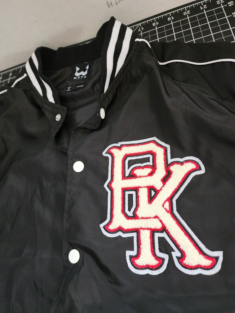 WXYZ Jacket Men's Large BK Black Snap Button Satin Varsity Shiny