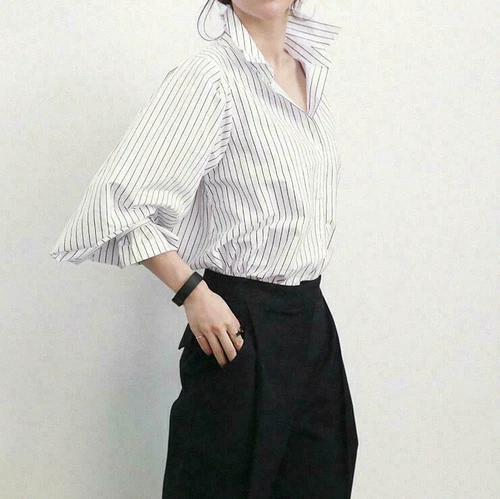 Womens Inspired Striped Blouses Stand Collar OL Tops Puff Sleeves Designer Shirt - Picture 8 of 17