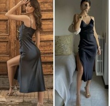 ZARA BNWT 2021. BLACK DRAPED CAMISOLE MIDI DRESS SIZE M. 4786/334