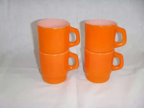 4 Vtg Anchor Hocking BRIGHT Orange D Handle Stackable Oven Proof Mugs Cups