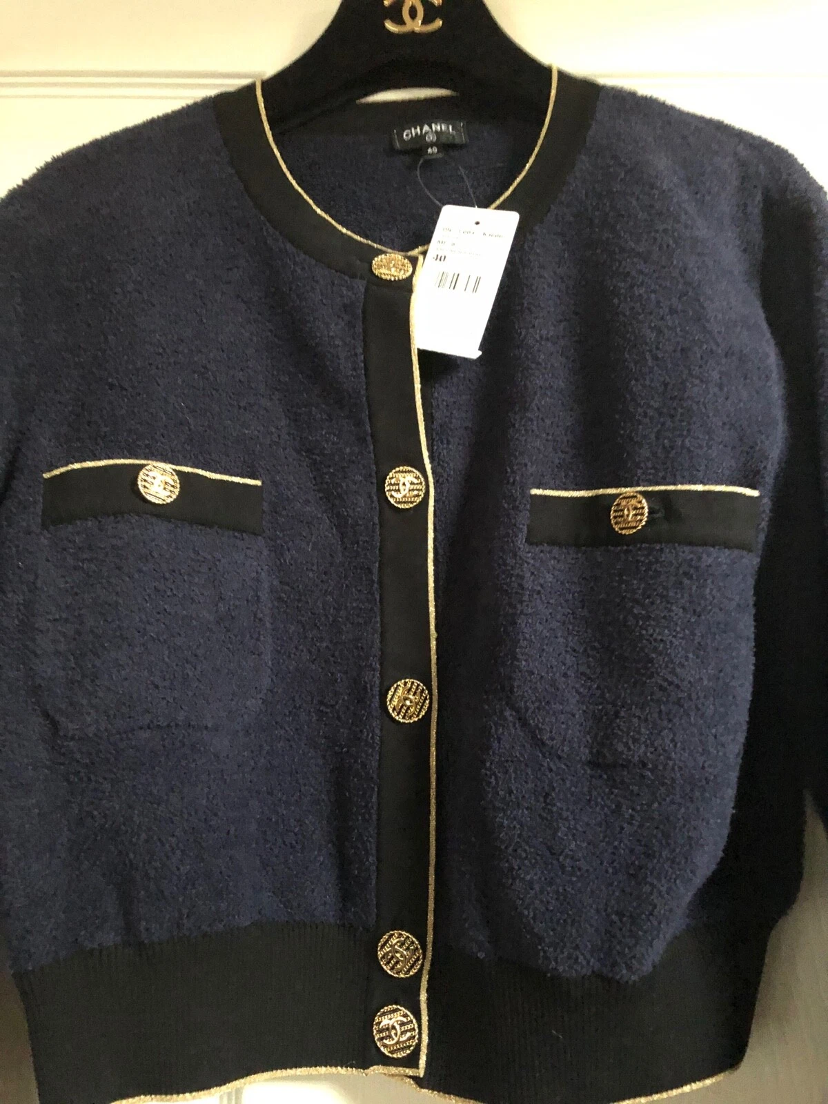 CHANEL 19C NUOVE ETICHETTE TWEED COTONE BLU GIACCA ORO CC BOTTONI FR40 FR38