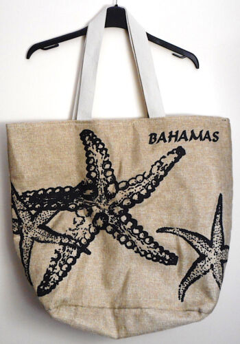 BAHAMAS Large 17"X17"X8" Canvas Seashell Lined Tote Bag with Inside Pocket NEW - Afbeelding 1 van 4