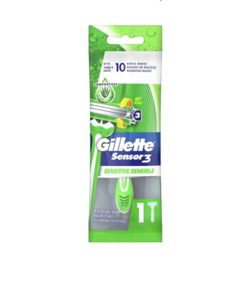 Gillette Sensor3 Sensitive Men's Disposable Razor, 1 Razor, Green.