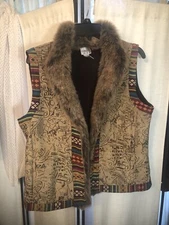 Chico's Sz 2 L Lux Faux Fur Art To Wear Tribal Funky Vest Jacket Aztec Boho Tan