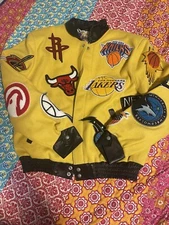 Jeff Hamilton NBA Teams Logo Patch Wool Leather Jacket Yellow Men Size Large New