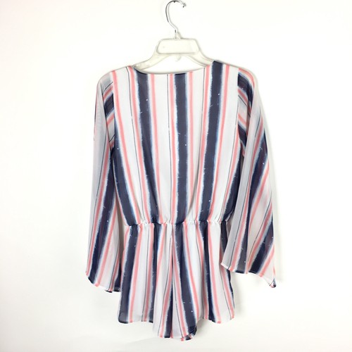 Mameluco boho a rayas Leith para mujer talla XS azul rosa imitación envoltura manga campana - Imagen 7 de 8