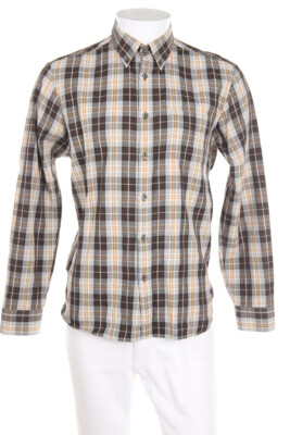 ZARA MAN checked button-down collar shirt Elbow Patches M dark brown grey shades