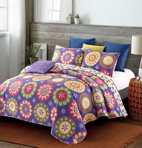 Suri Purple 3 Piece King Size Quilt Set Blanket w/2 Matching Shams Pillow Cases - Picture 1 of 1