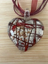 Red & Silver Murano Style Glass Heart Pendant & Ribbon/cord Necklace Vintage