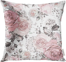 Throw Pillow Cover Gray Abstract with Pink Flowers and Leaves on White Watercolo