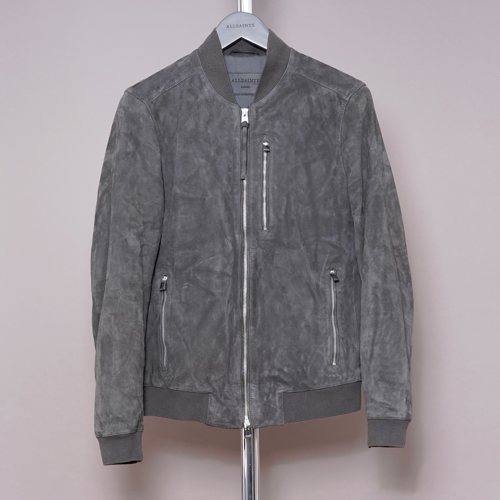ALL SAINTS Suede Leather Jacket Mens SMALL Grey Biker Bomber Celebrity KEMBLE