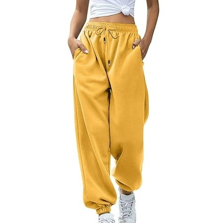 Women's Size L Yellow High Waist Sweatpants Workout Active Joggers Pants