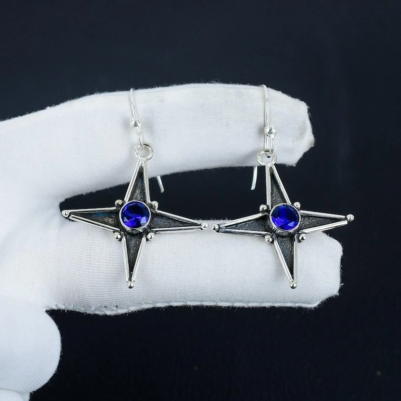 925 Sterling Silver Blue Tanzanite Gemstone Handmade Jewelry Earring Size-1.5" - Image 3 of 4