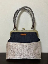 Kimono Obi Remake Bag Clasp Brocade Handbag Shoulder Denim White Flower USED, K