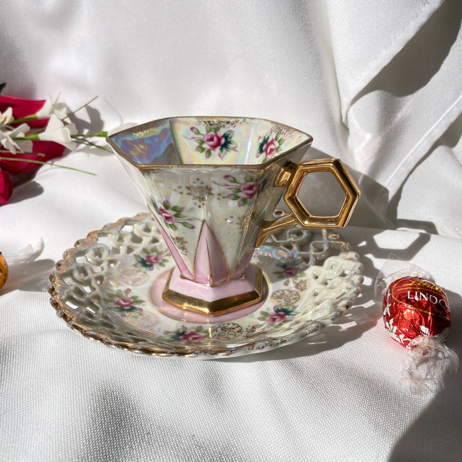 Vintage Bone China Lusterware Footed Teacup Pierced Saucer Small Roses Japan