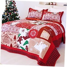 King Size Quilt Christmas Theme Bedding Set with Pillow King 106"X96" Red