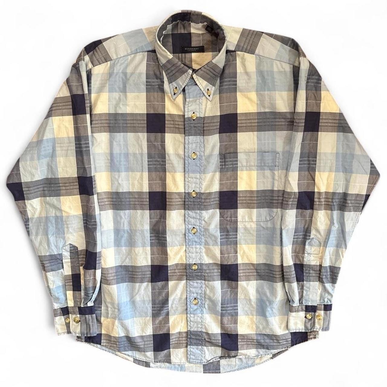 Burberry Shirt Mens Medium Blue Nova Check Plaid London Long Sleeve Button USA