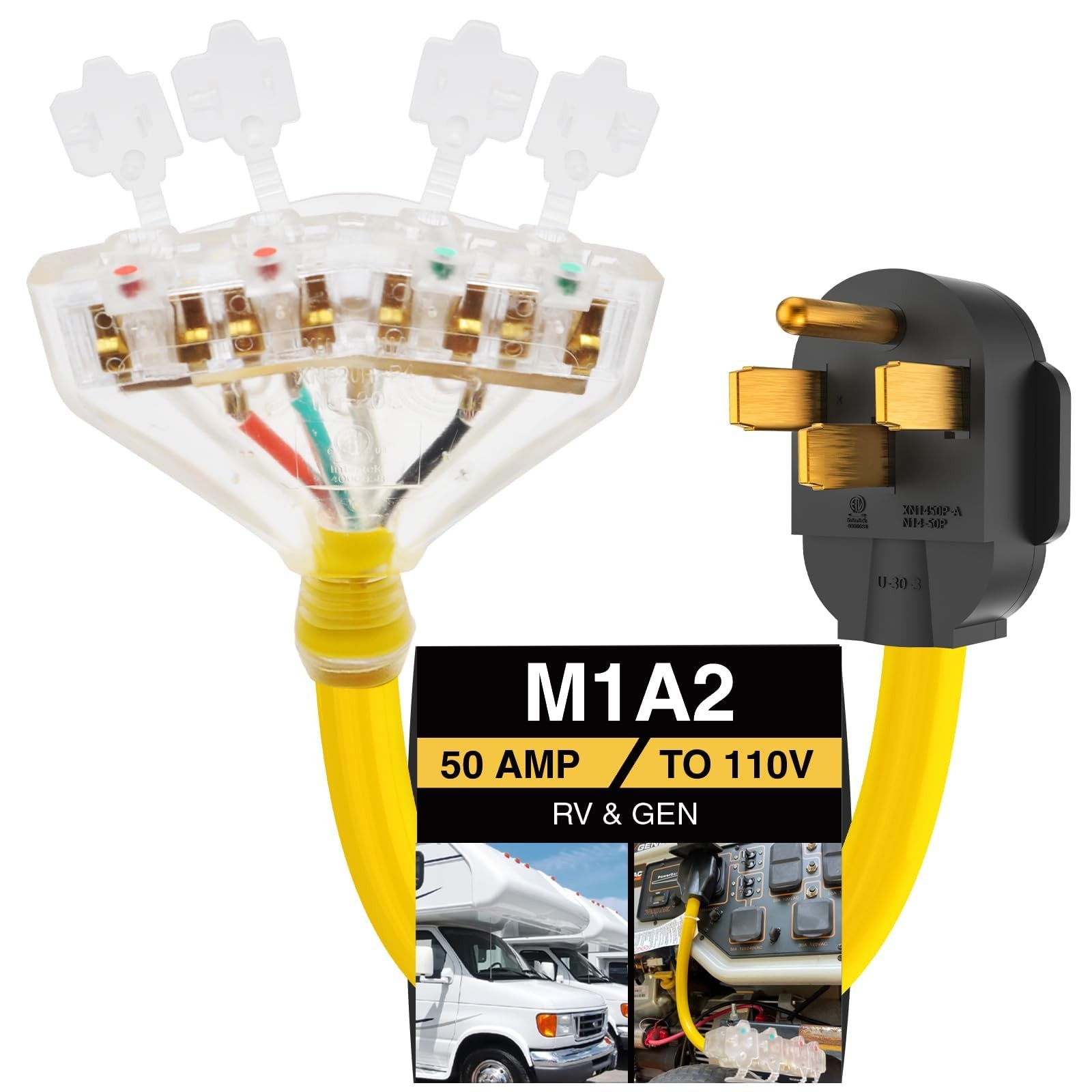 50A to 20A Power Splitter Cord NEMA 1450P to 4x 520R Outlets 1.5 FT 125V