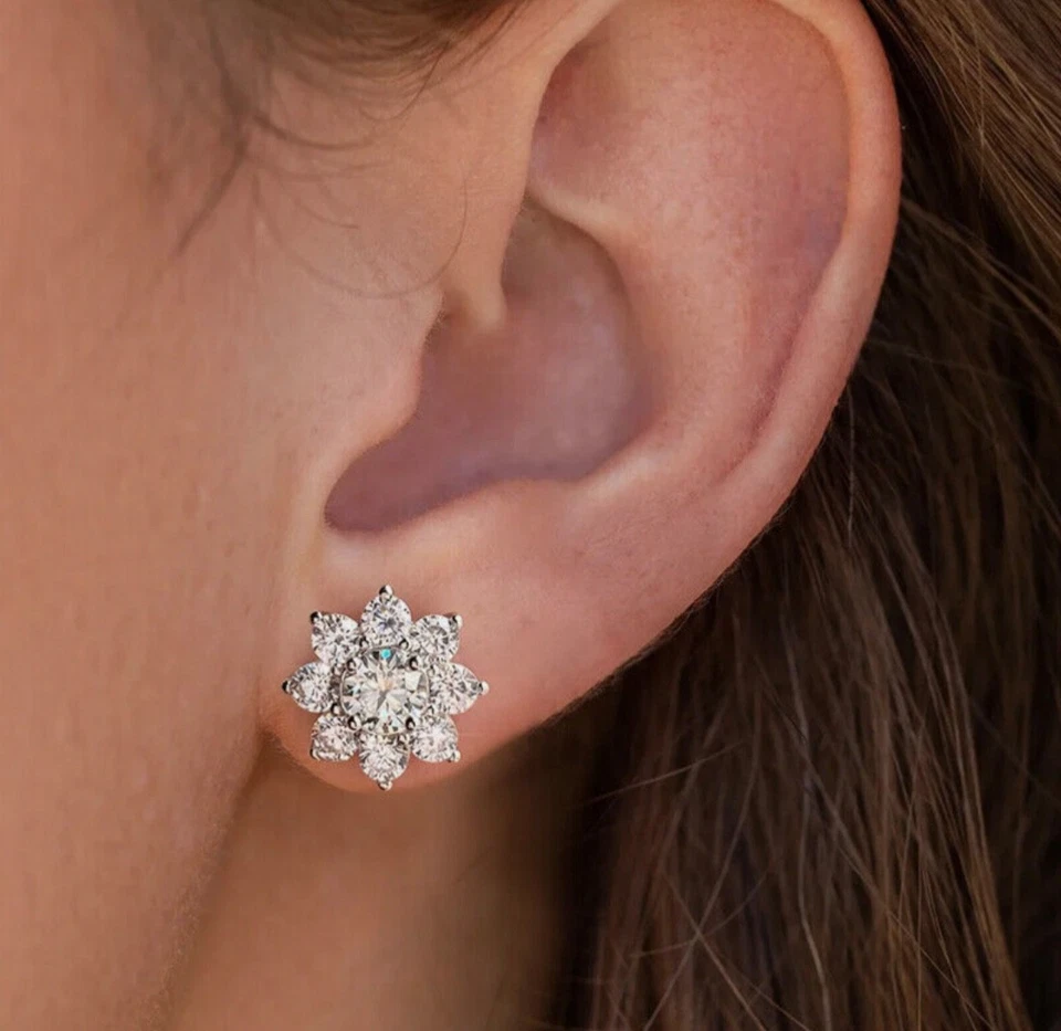 1KT D, VVS1 Moissanite Sonnenblume Ohrringe 18K Platin Finish 925 Silber Schmuck - Bild 3 von 4