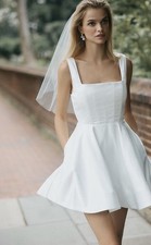 BHLDN White Fit & Flare Sleeveless Mini Dress Square Neck Pockets Sz M NWT $248