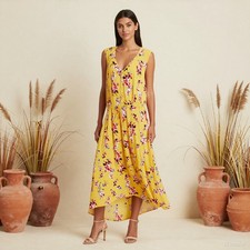 Boho Country Maxi Dress Multi Floral Viscose Shift V-Neck Sleeveless US 12