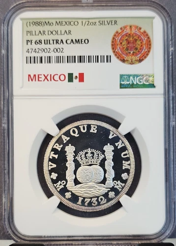 1988 MEXICO SILVER 1/2 ONZA PILLAR DOLLAR NGC PF 68 ULTRA CAMEO RARE LOW MINTAGE