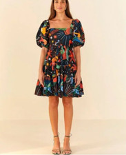Farm Rio Women's Puff Sleeve Black Zodiac Printed Mini Dress Size XS