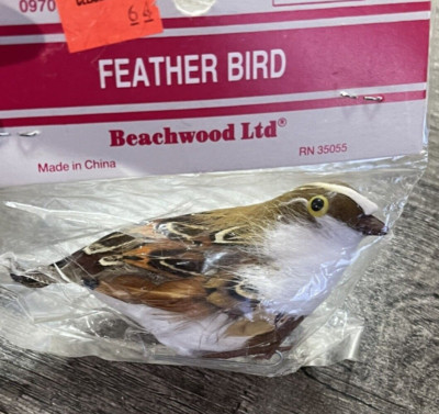 Vintage Feathered Brown Yellow White Bird Craft Decoration 4''
