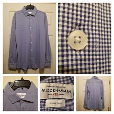 Mizzen Main Shirt Mens XL Trim Fit Blue Micro Check Gingham Stretchy Office EUC