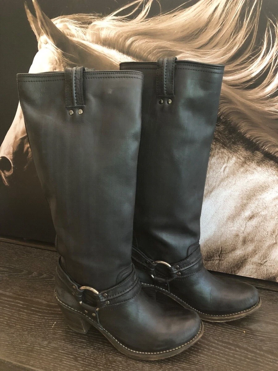 Frye Womens 8.5 B Black Carmen Harness Tall Leather Boots eBay