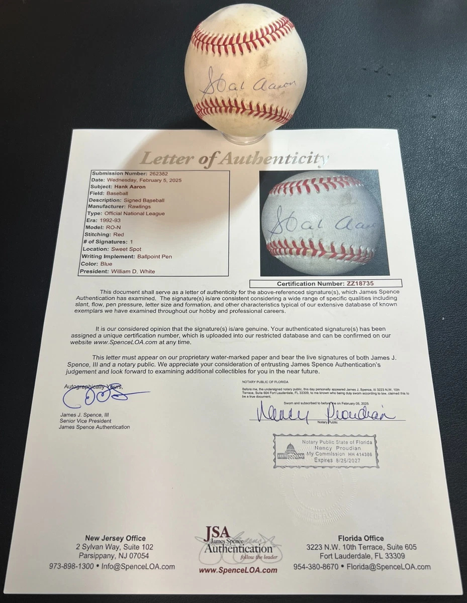 James Spence Authentication (JSA) Hank Aaron MLB Original