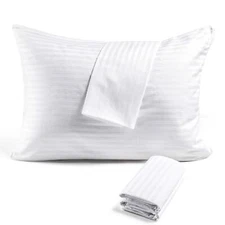 King Size Zippered Pillow Cover 4 Pack - 100% Cotton Soft White Stripes Pillo...