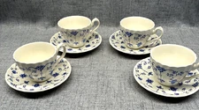 Myott Finlandia Tea Cups & Saucers Staffordshire England Blue White Set of Four