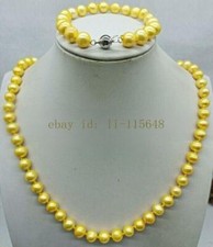 10mm Yellow Shell Pearl Necklace Bracelet Set Jewelry Gift for Her 7.5" 18" Girl