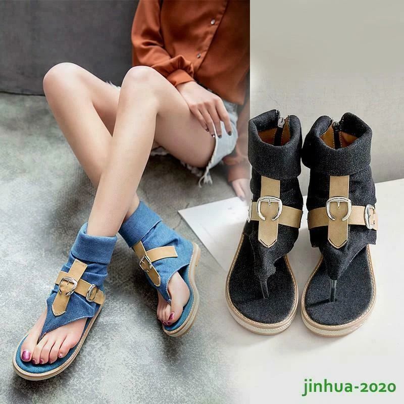 Roman Women's Denim Sandals Jean Ankle Boot Clip Toe Thong Shoes Flat Korean SZ - Image 3 of 4
