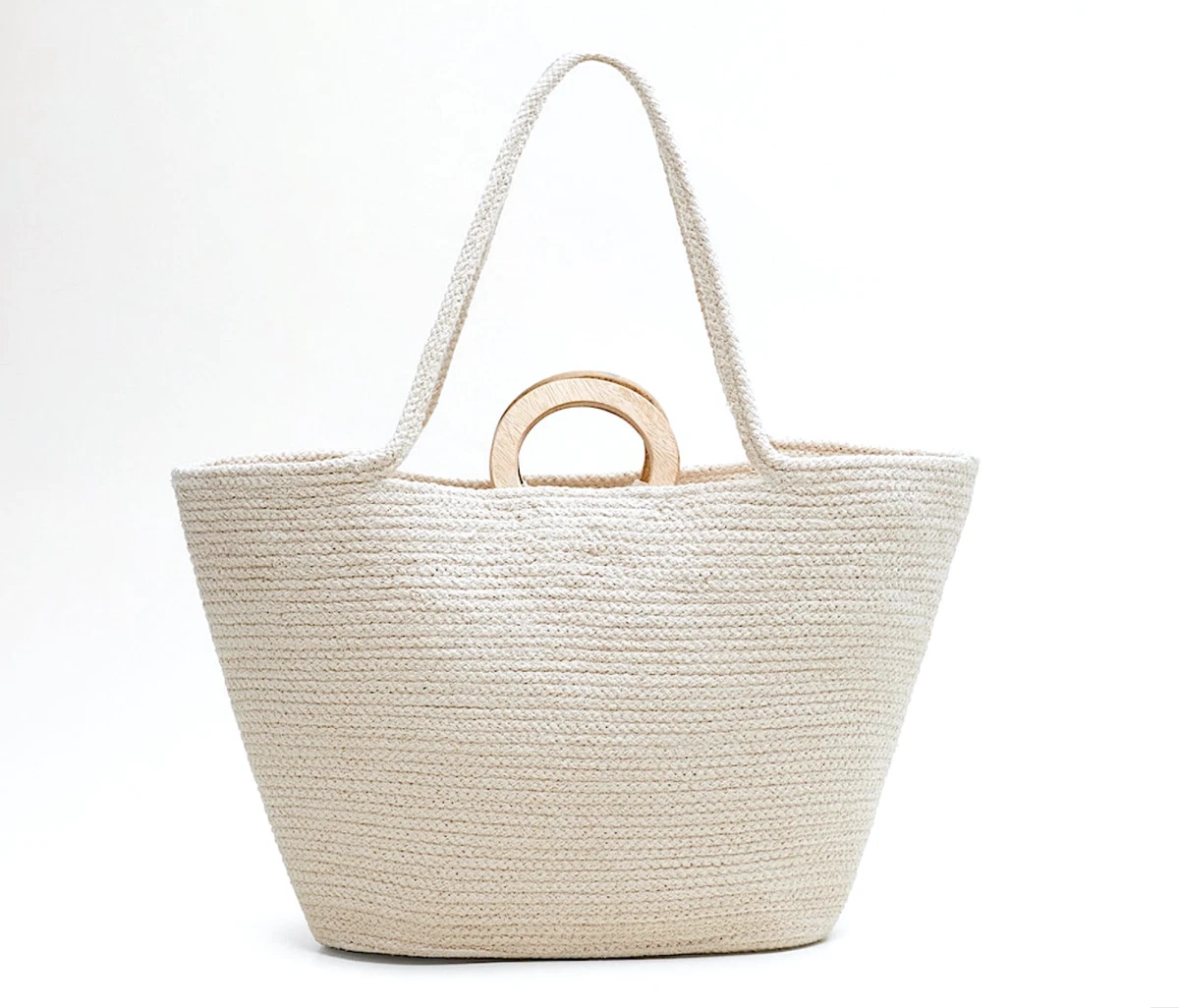 MANGO Basket Shopper Bag BRAIDED COTTON Ecru WOOD HANDLES Tote XL
