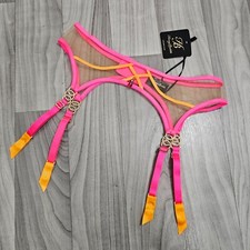 Honey Birdette Saskia Pink and Mango Colorful Sheer Suspender Garter Belt Size L