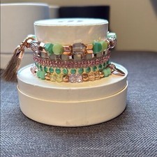 Green and Pink Layered Beaded Bracelet Set