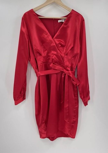 Chetta B Women’s Red Satin Faux Wrap Tie Waist Belted Zip Back Dress Size XL