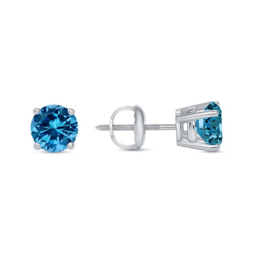 1.25 Ct Round Blue Created Diamond Earring Stud Real 14K White Gold Basket Screw - Picture 1 of 3
