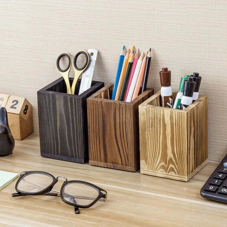 Square Solid Wood Desktop Pencil Cup Holder, Stationary Supply Pen Cup, Set  of 3