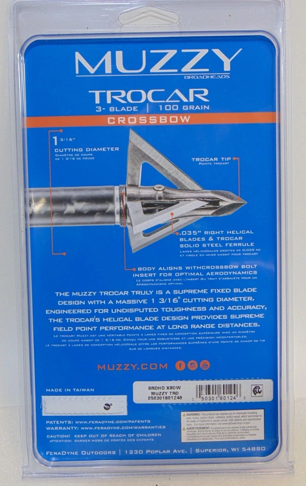 Muzzy Trocar Crossbow Broad Heads 3 blade  100 Grain 100gr 3 Pack Deer Bear Elk - Image 4 of 4