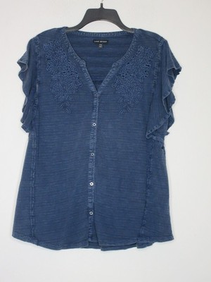 Lane Bryant Women's Short Ruffle Sleeve Split Neck Button Up Blue Top 14/16 B82