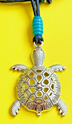 Large Silver Tone Sea Turtle Pendant Corded Necklace Fully Adjustable - Picture 5 of 5