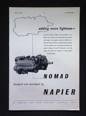 Original 1953 Werbung Napier Nomad Flugzeug Diesel Motor