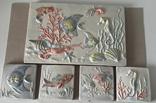 Vintage Marine Ceramic Tiles – 20x30cm Plaque + 4x 10cm Fish/Seahorse Decors